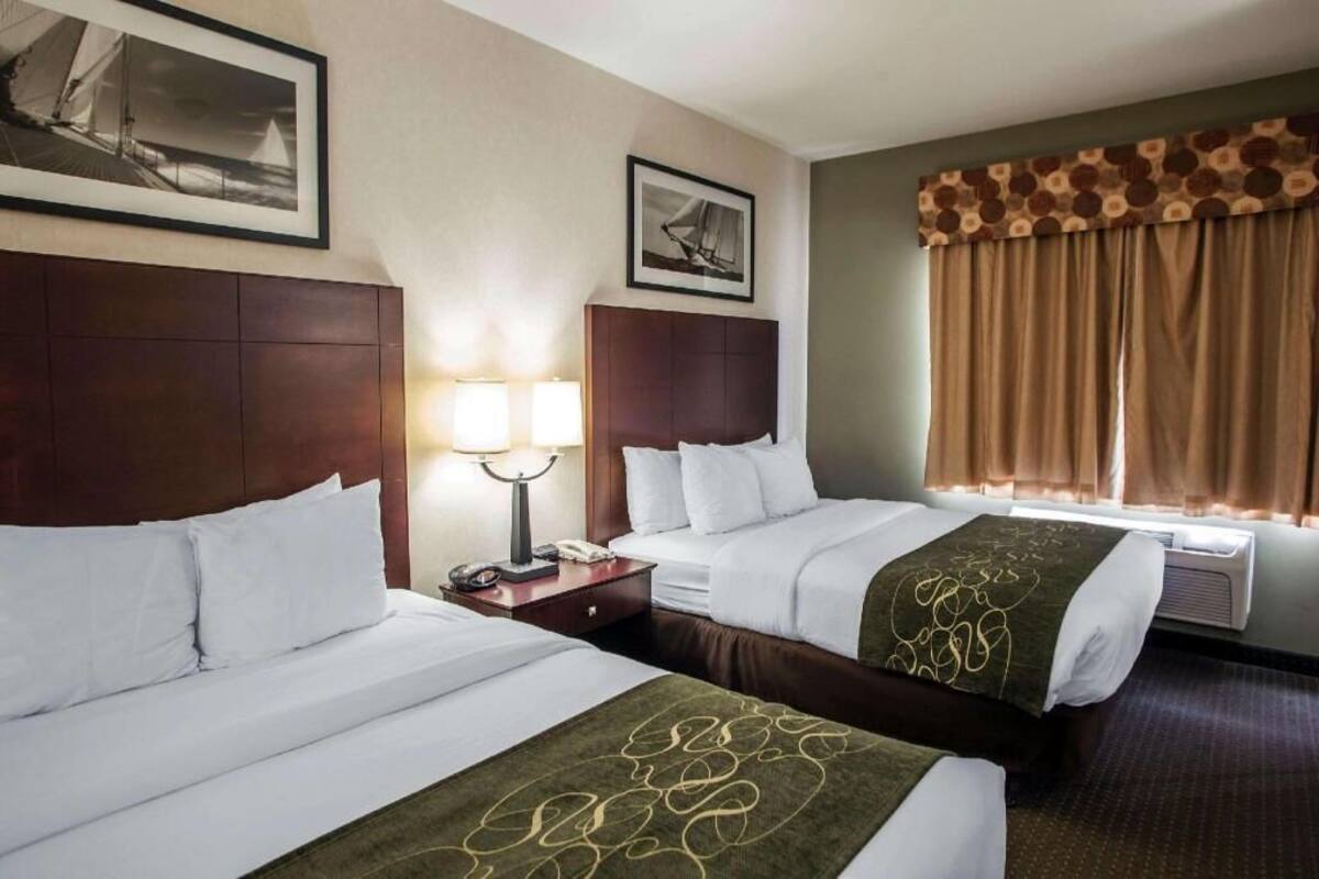 A hotel room with two beds, a nightstand with a lamp, a framed picture on the wall, and a window with curtains.