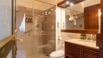 A modern bathroom with a glass-enclosed shower, a white toilet, and a wooden vanity with a mirror.