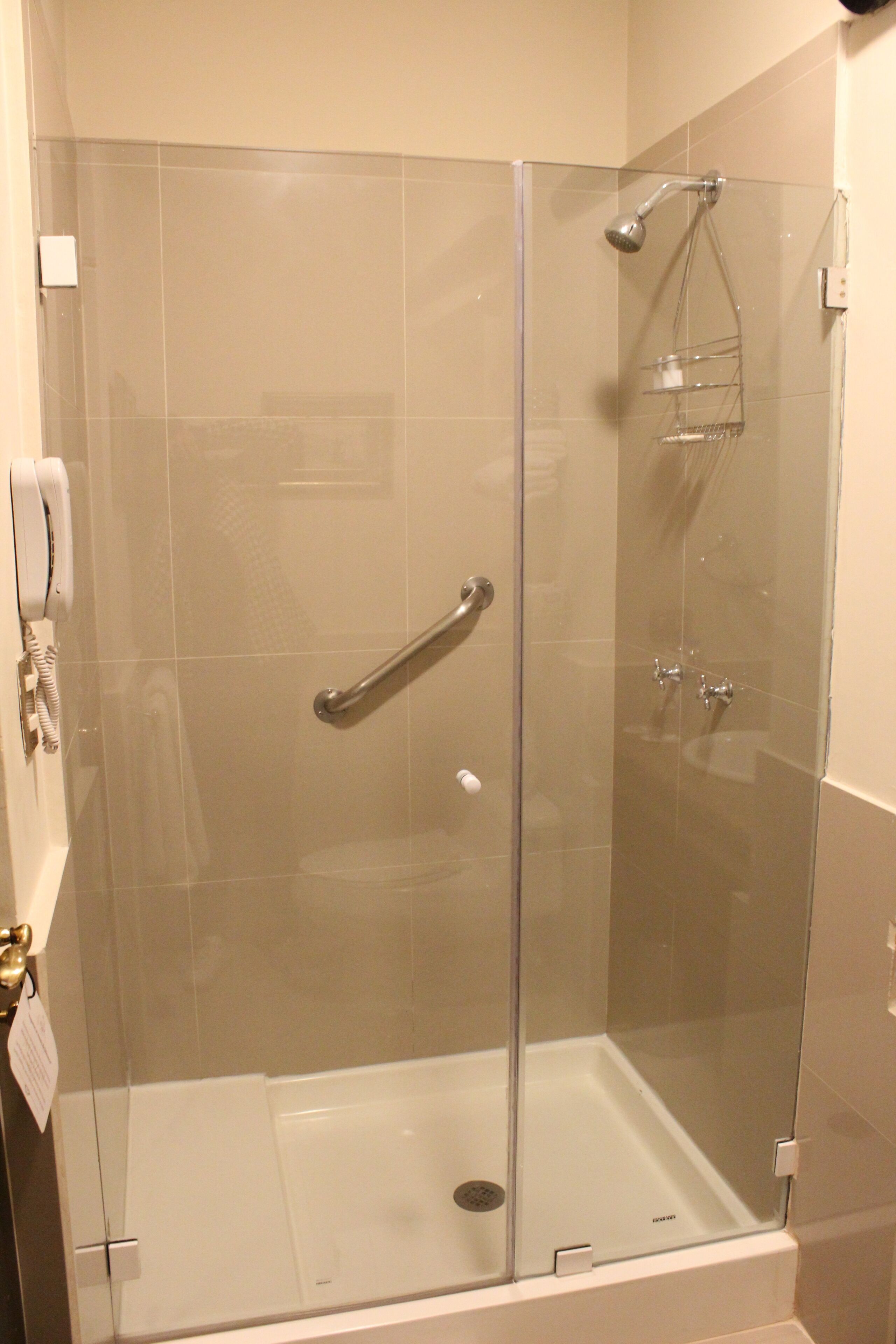 Une cabine de douche fermée par des parois en verre, dotée d’un pommeau de douche à main, d’un système de commande à main pour la douche et d’une porte en verre.
