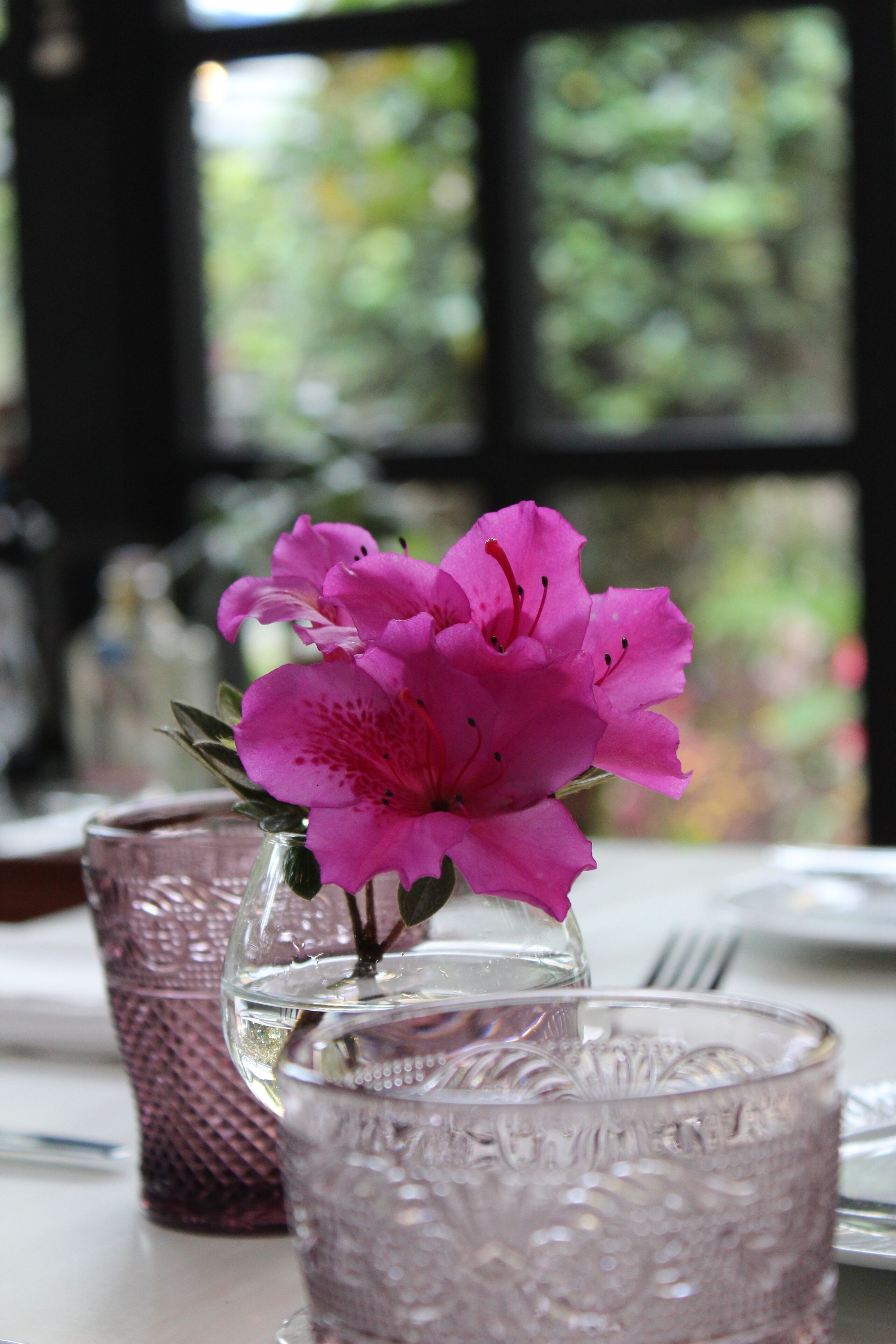Ett bord med rosa glas och en rosa blomma i en genomskinlig vas.