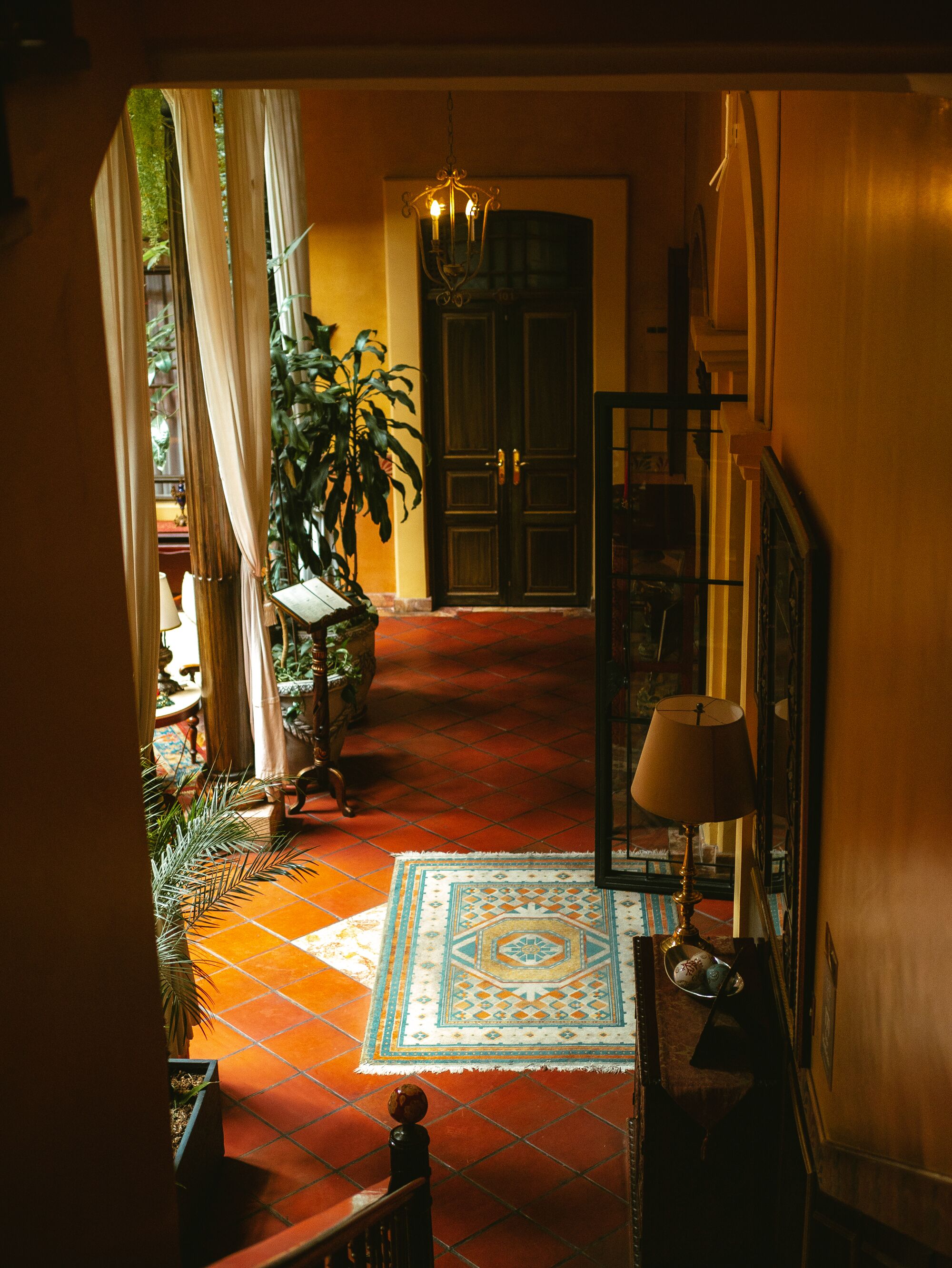 A hallway with a tiled floor, a patterned rug, a potted plant, and a door in the background.