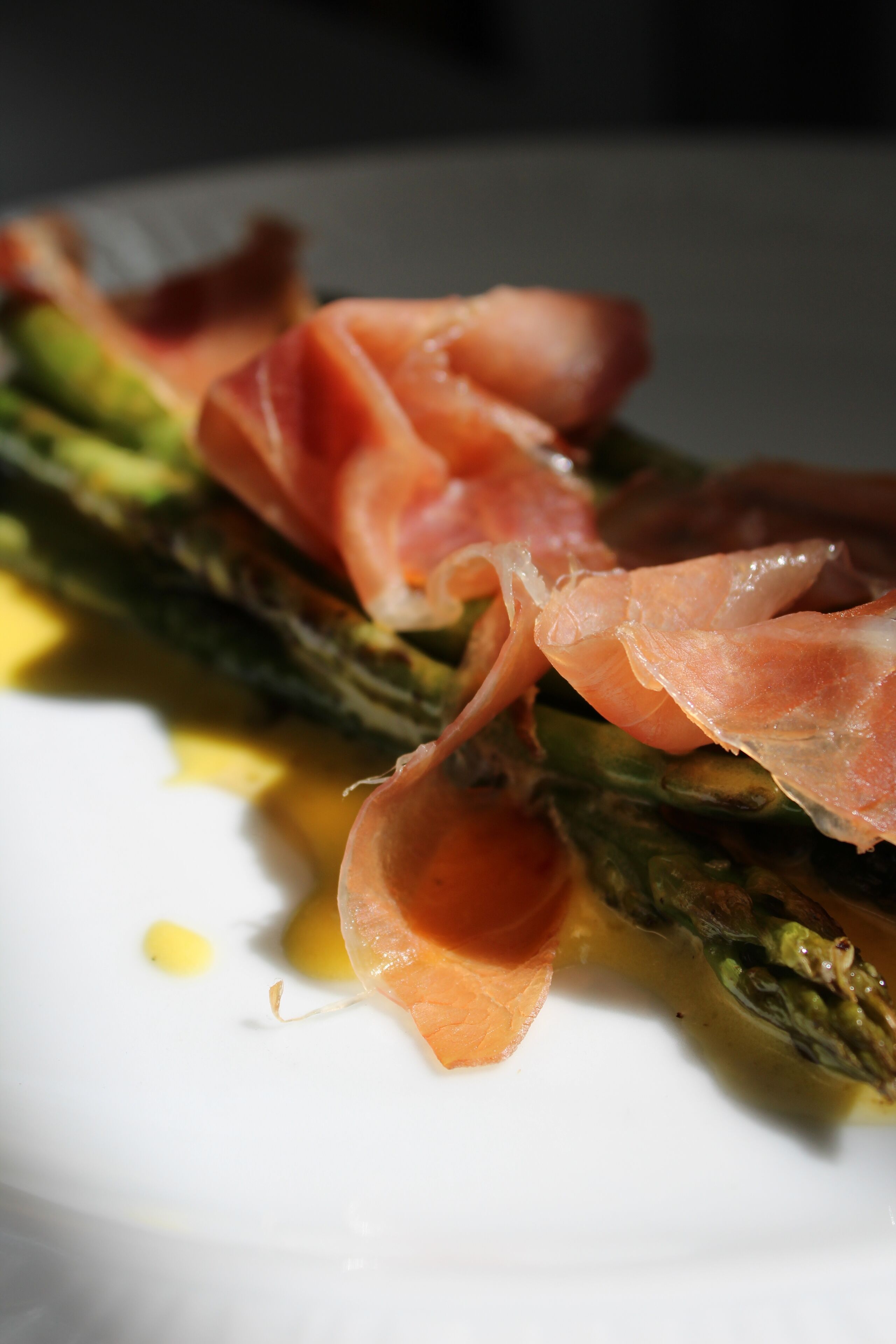 A plate with asparagus and prosciutto.
