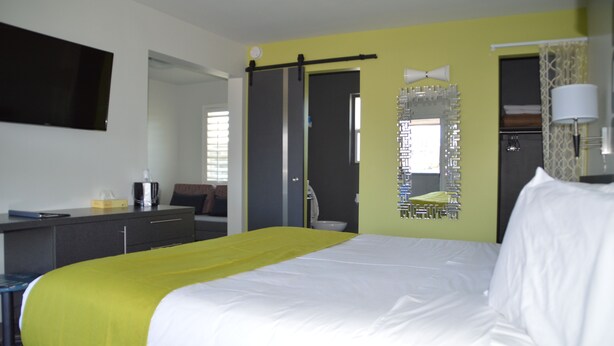 Una habitación de hotel con cama, escritorio, televisor y baño.