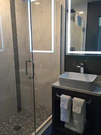 Shower, rainfall showerhead, free toiletries, hair dryer. University Inn Tempe