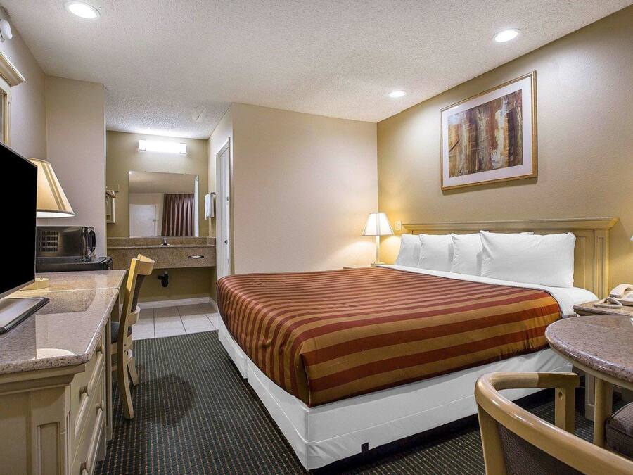 A hotel room with a bed, a desk, a chair, a TV, a lamp, and a painting on the wall.