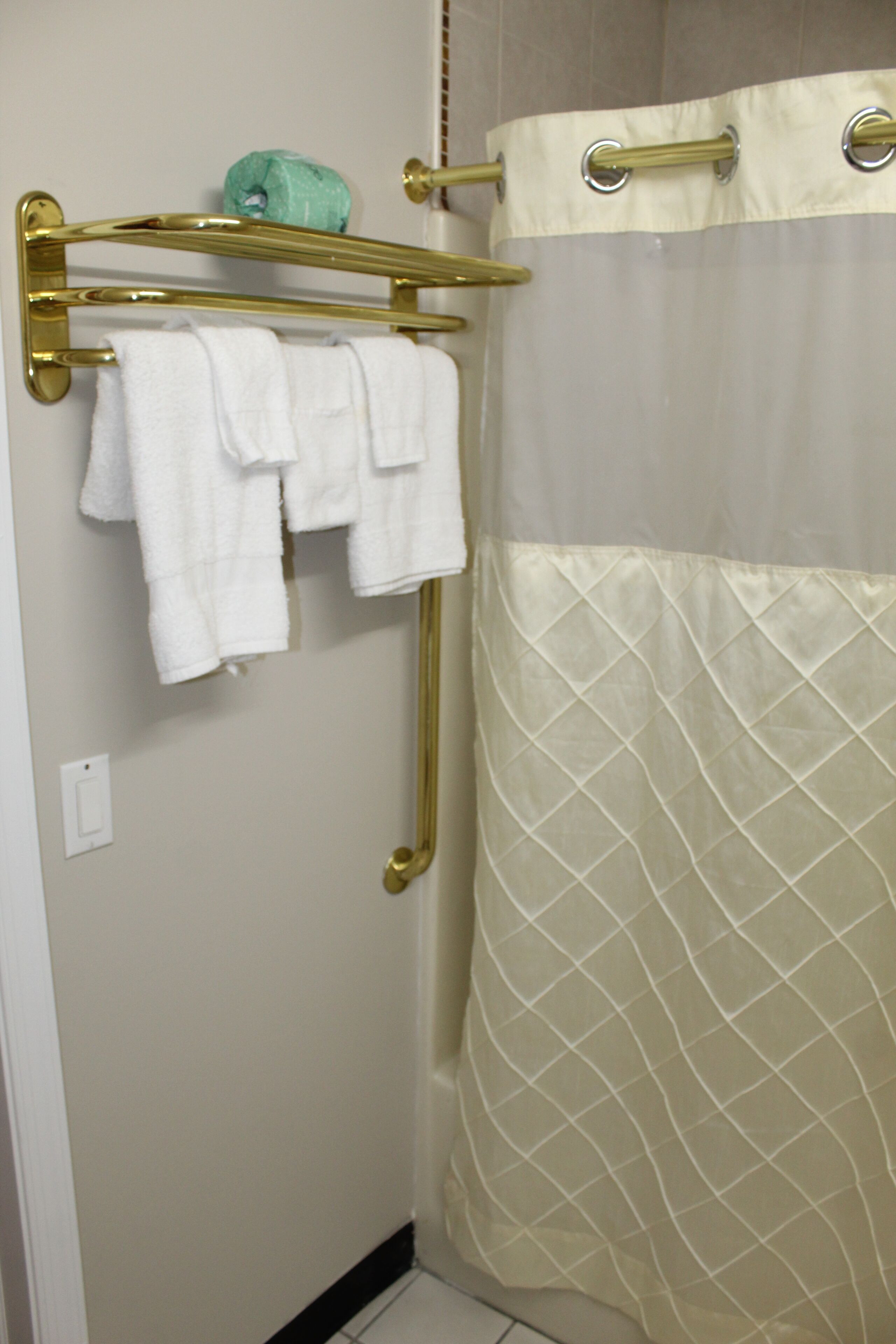 A bathroom with a gold towel rack holding two white towels, a shower curtain, and a small green bottle on the wall.