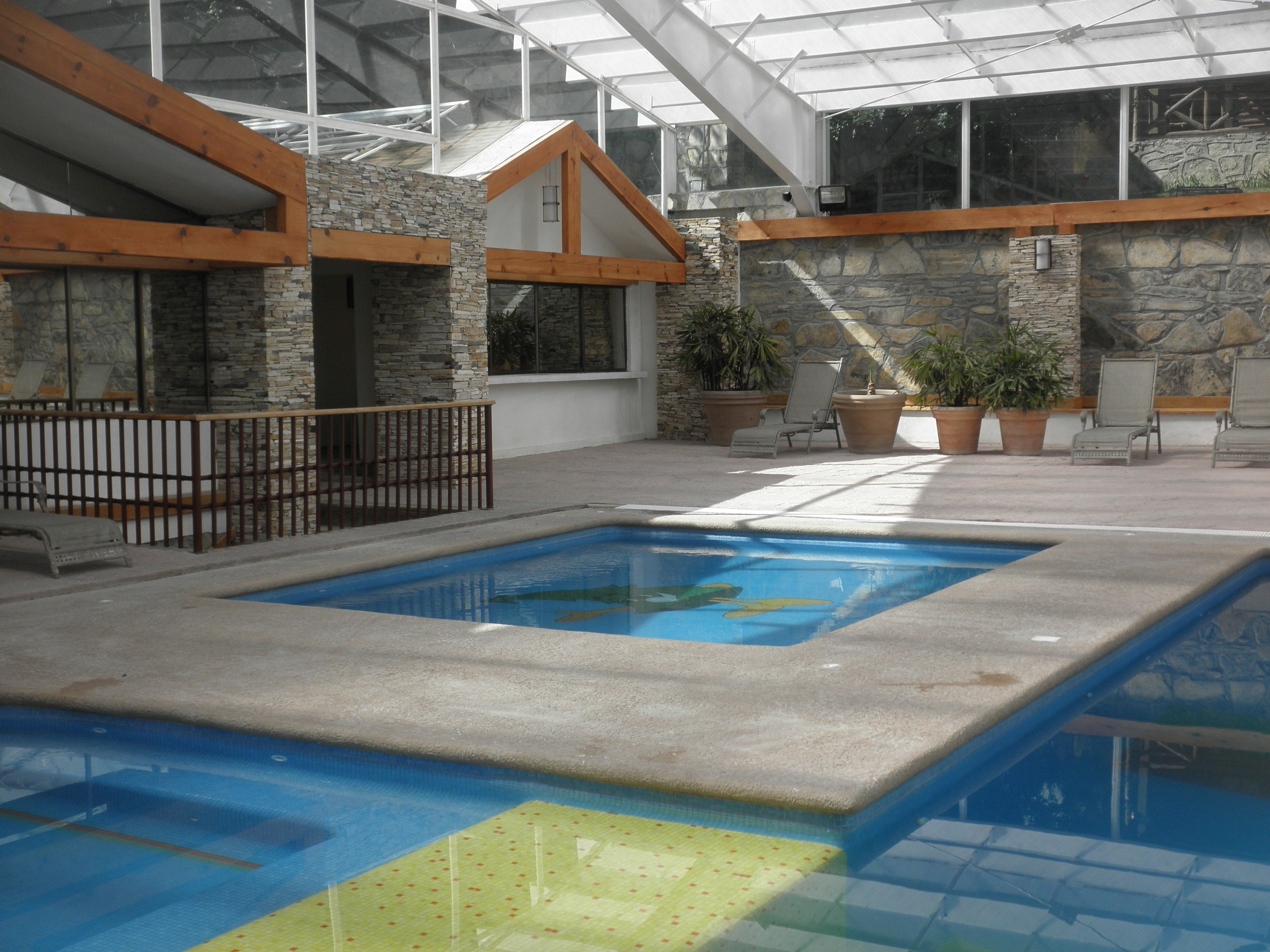 An indoor swimming pool with a stone wall and wooden beams, surrounded by lounge chairs and potted plants.