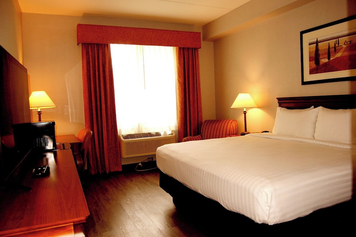 1 bedroom, hypo-allergenic bedding, desk, laptop workspace