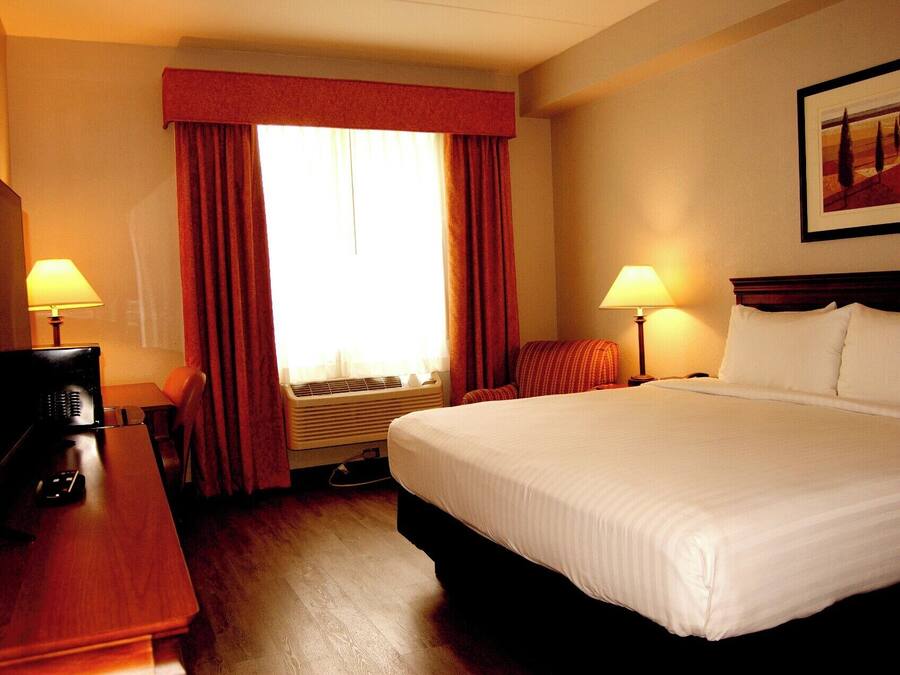A hotel room with a bed, two bedside lamps, a desk with a telephone, and a window with curtains.
