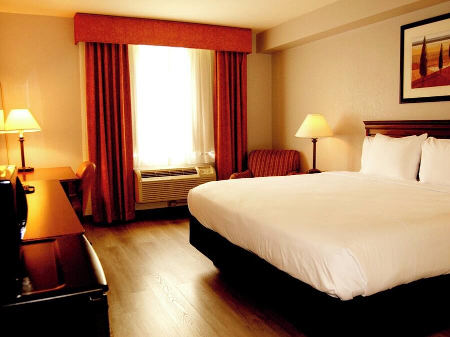 Quarto de hotel com uma cama grande, duas mesas de cabeceira com abajures, uma janela com cortinas e um quadro na parede.