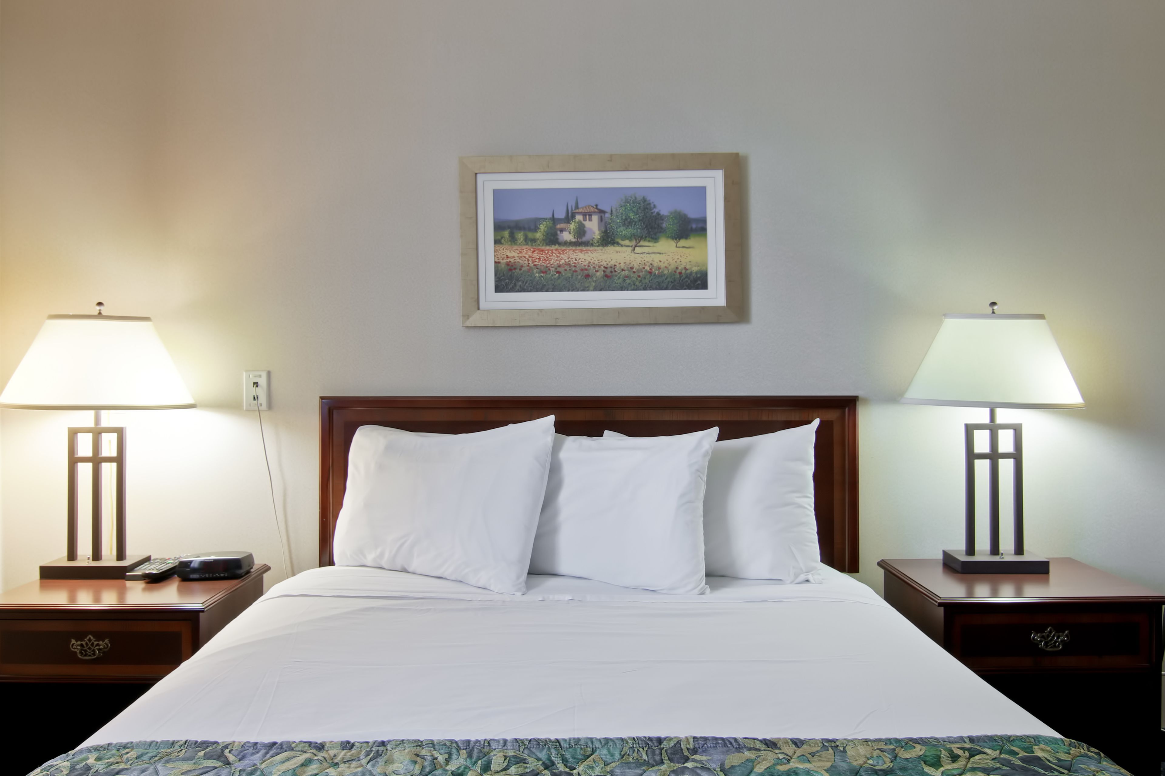 Una habitación de hotel con una cama grande, dos mesitas de noche con lámparas, un cuadro enmarcado en la pared y un cabecero de madera.