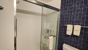 A modern bathroom with a glass-enclosed shower, a toilet, and a sink.