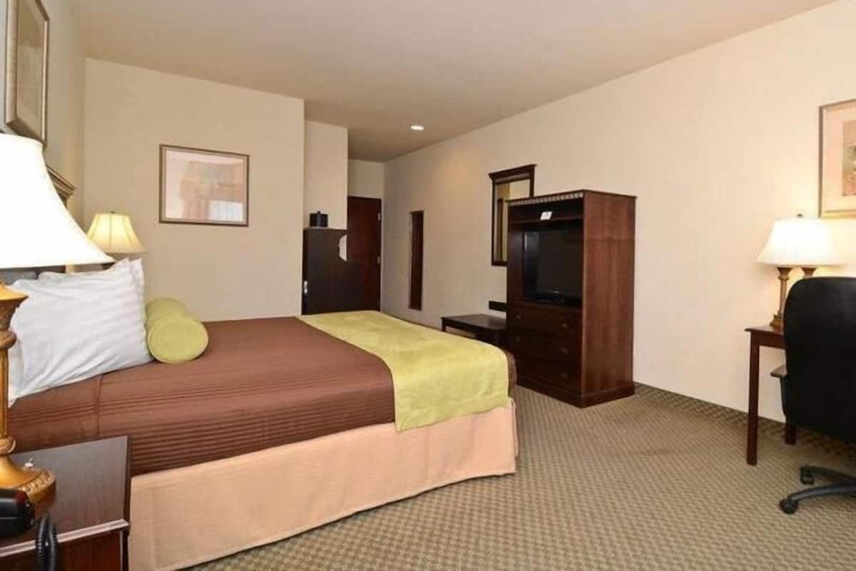 A hotel room with a bed, a desk, a television, and a chair.
