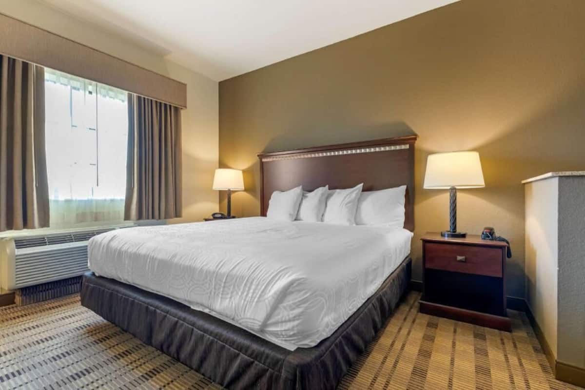 A hotel room with a large bed, two bedside lamps, a nightstand, a heater, and a window with curtains.