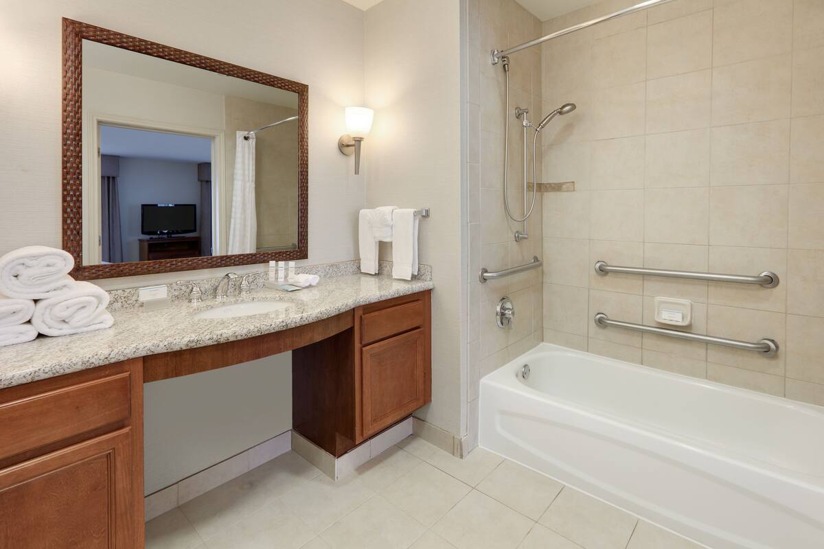Bathroom | Combined shower/tub, free toiletries, hair dryer, towels