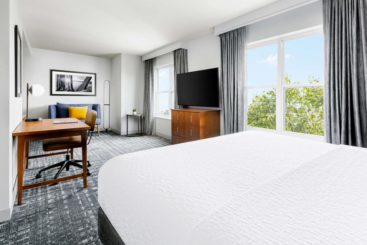 A hotel room with a large bed, a desk with a chair, a television, a small table with a plant, and a window with curtains.