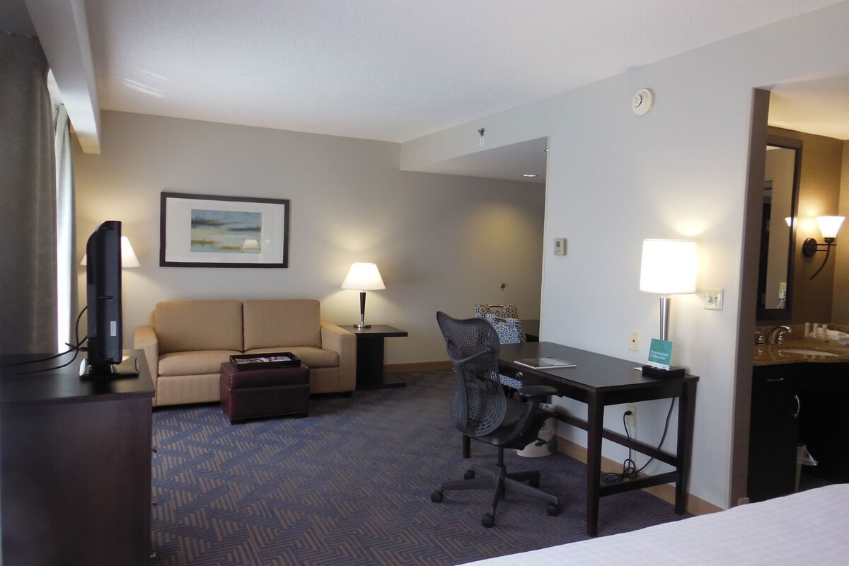 A hotel room with a bed, a desk with a chair, a sofa, a TV, a lamp, and a framed picture on the wall.