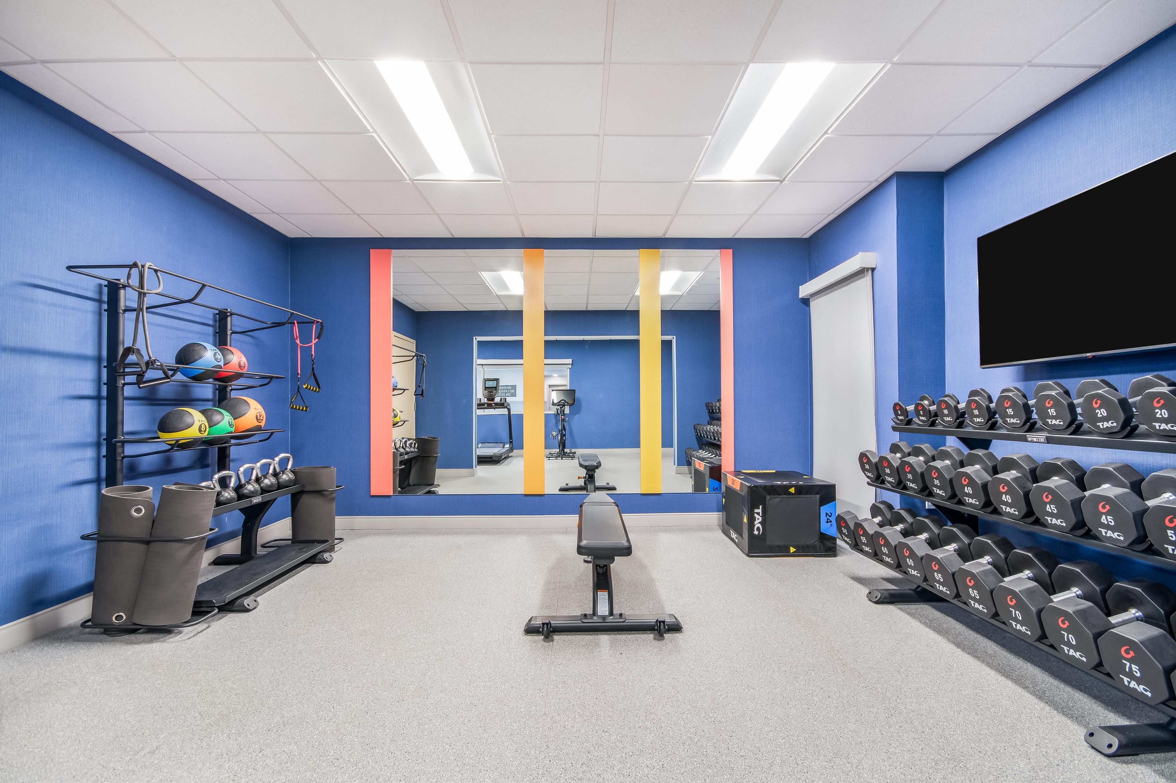 A gym with exercise equipment, a treadmill, and a mirror.