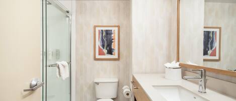 A modern bathroom with a glass shower enclosure, a white toilet, and a wooden vanity with a sink and mirror.