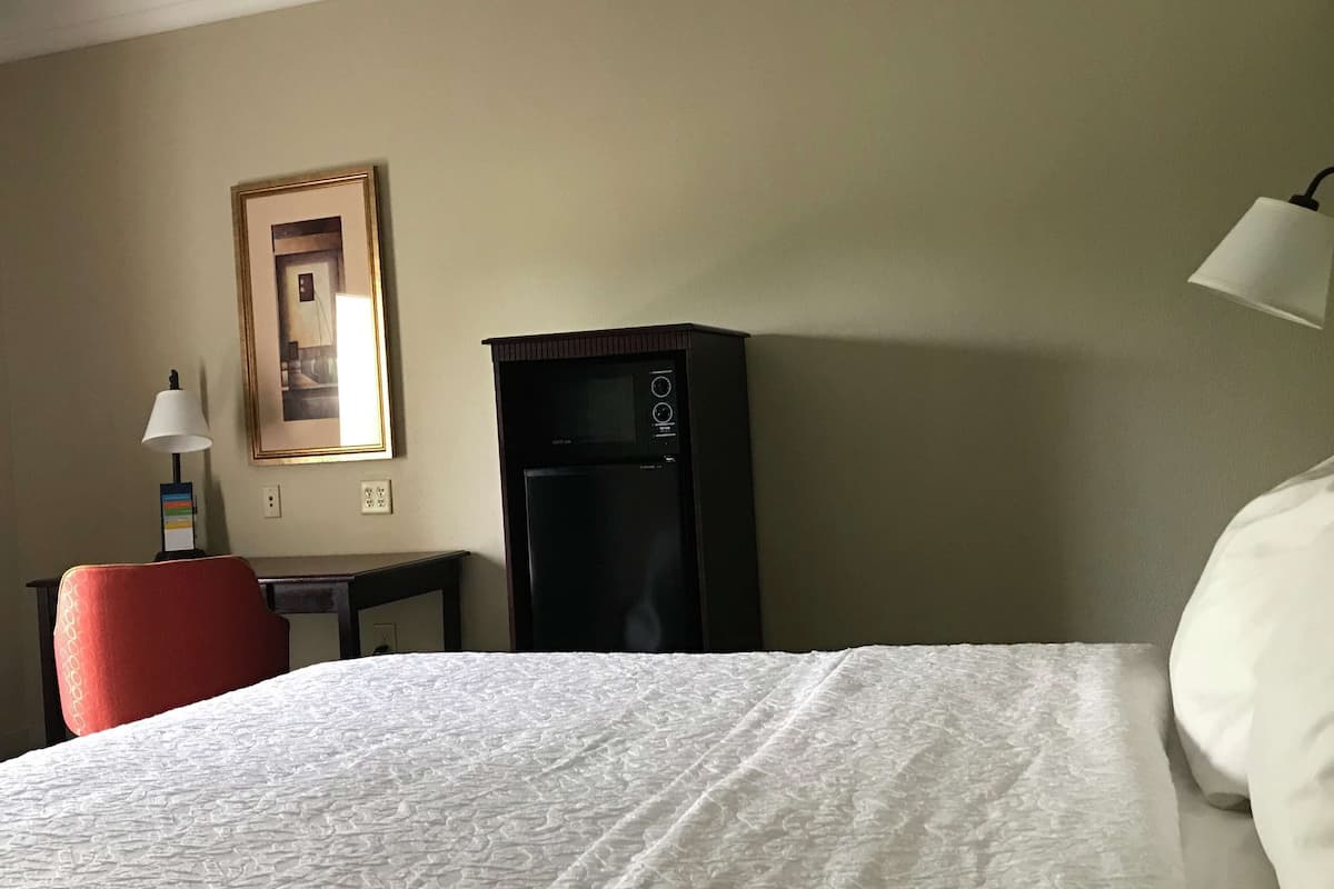 A hotel room with a bed, a desk with a lamp, a refrigerator, and a framed picture on the wall.