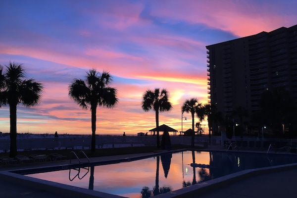 Alberca al aire libre y camastros