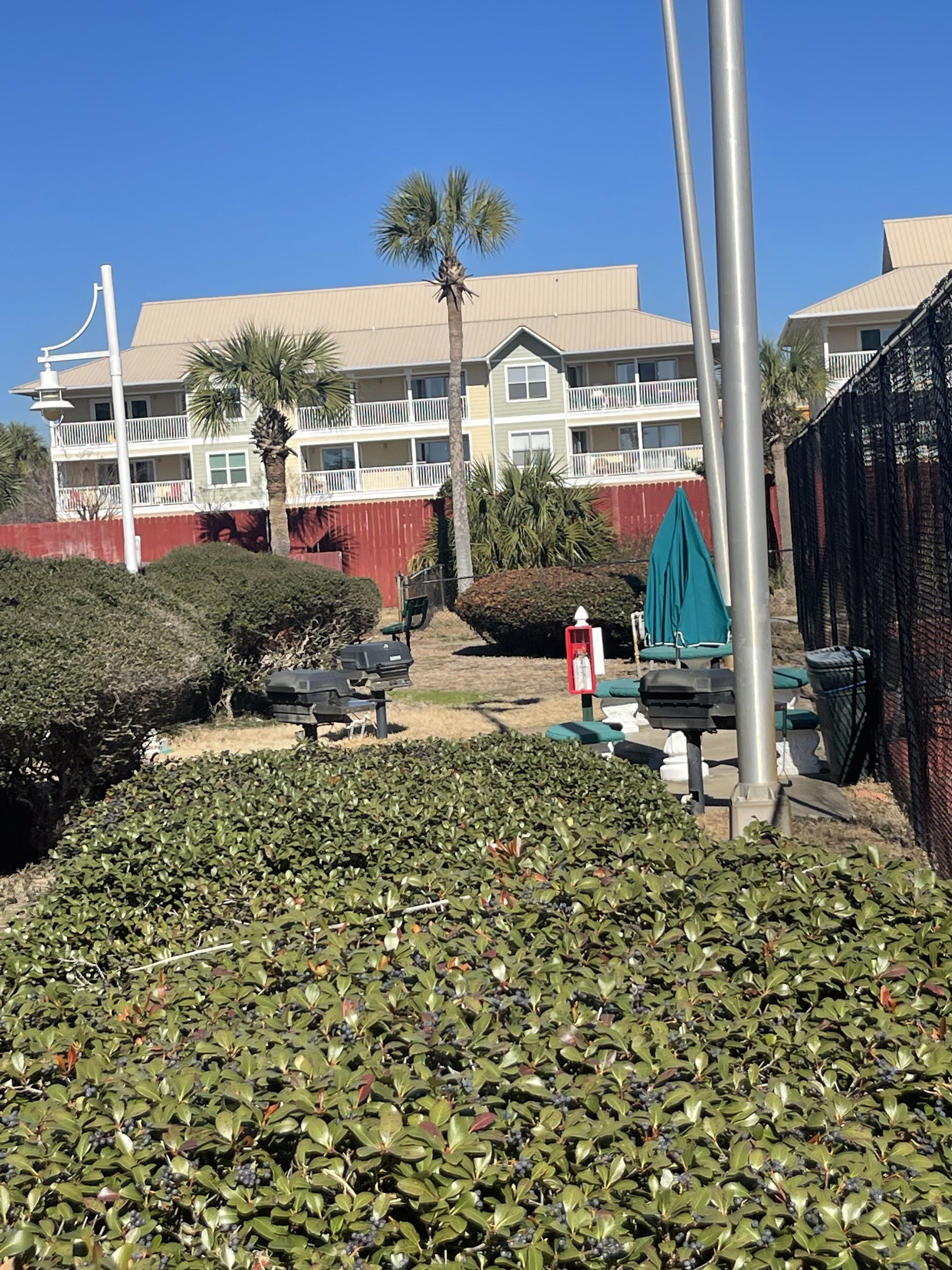 A hotel courtyard with a pool, palm trees, and a red fence.