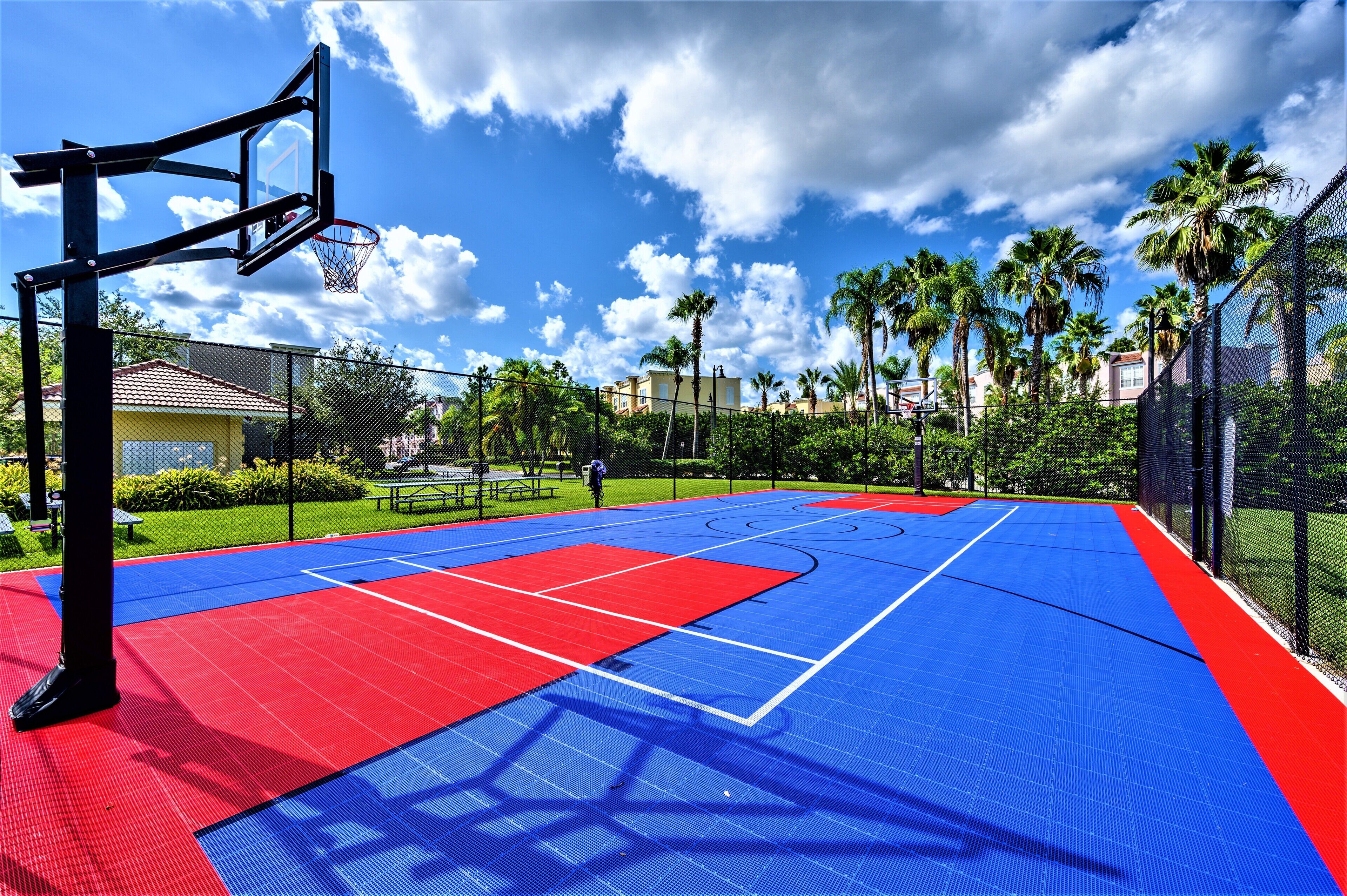 An outdoor basketball court with a blue and red playing surface, surrounded by a fence and palm trees.