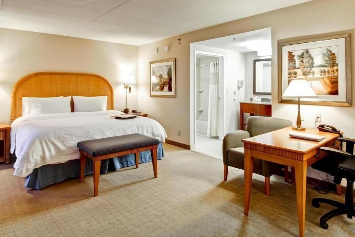Una habitación de hotel con una cama, un escritorio, una silla, un banco y una puerta que da a otra habitación.