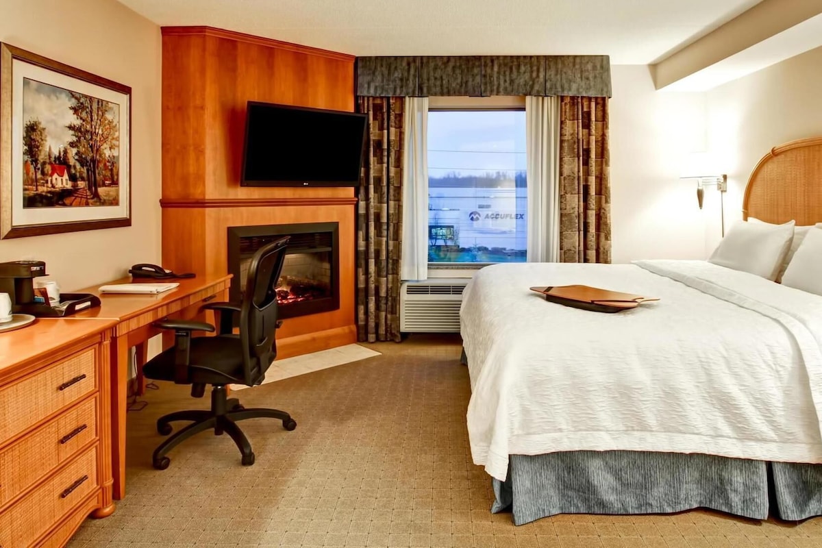 Habitación de hotel con cama, escritorio, silla, chimenea, televisión y ventana con vistas.