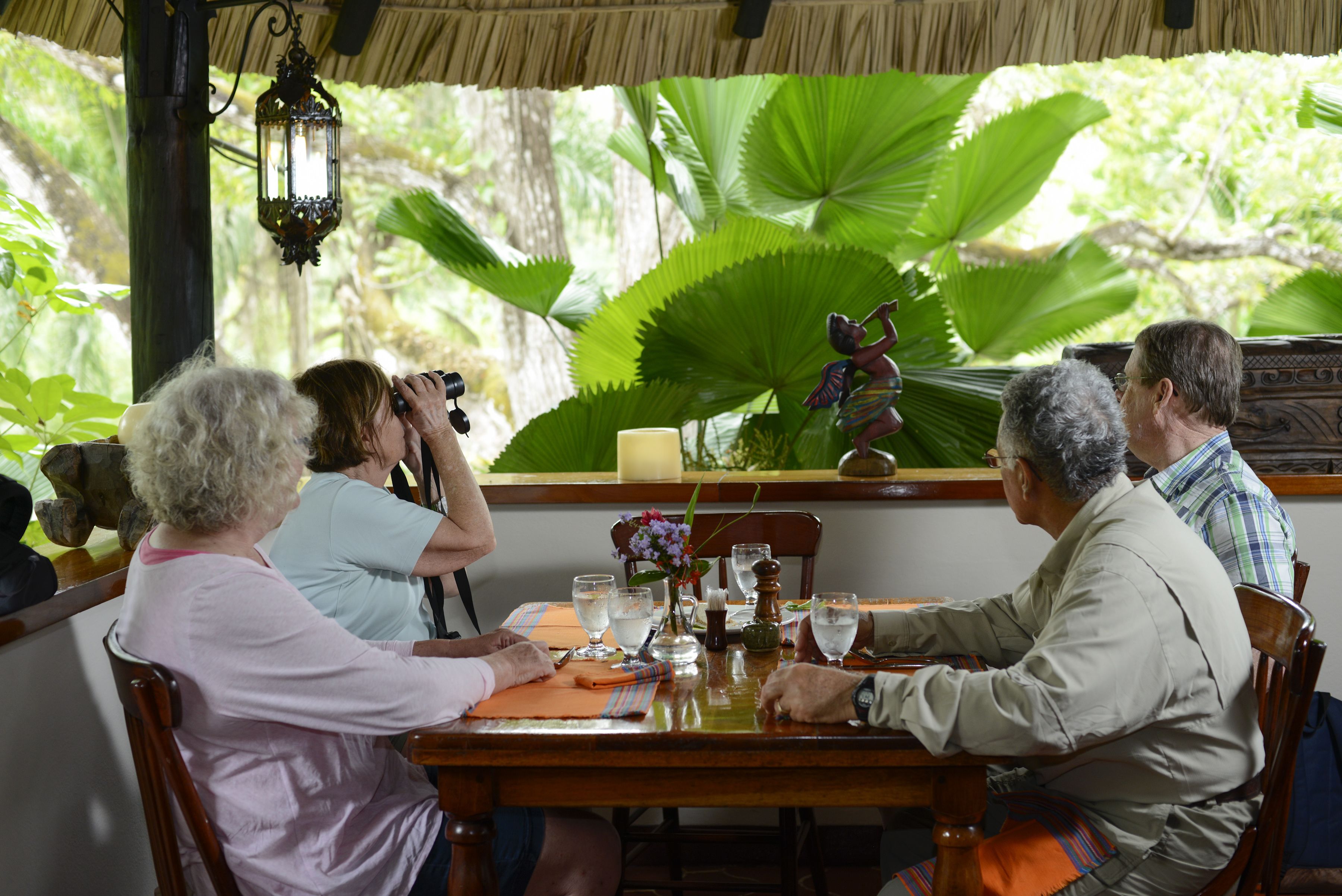 Un grupo de personas cenando en una mesa de madera con vistas a la vegetación tropical.