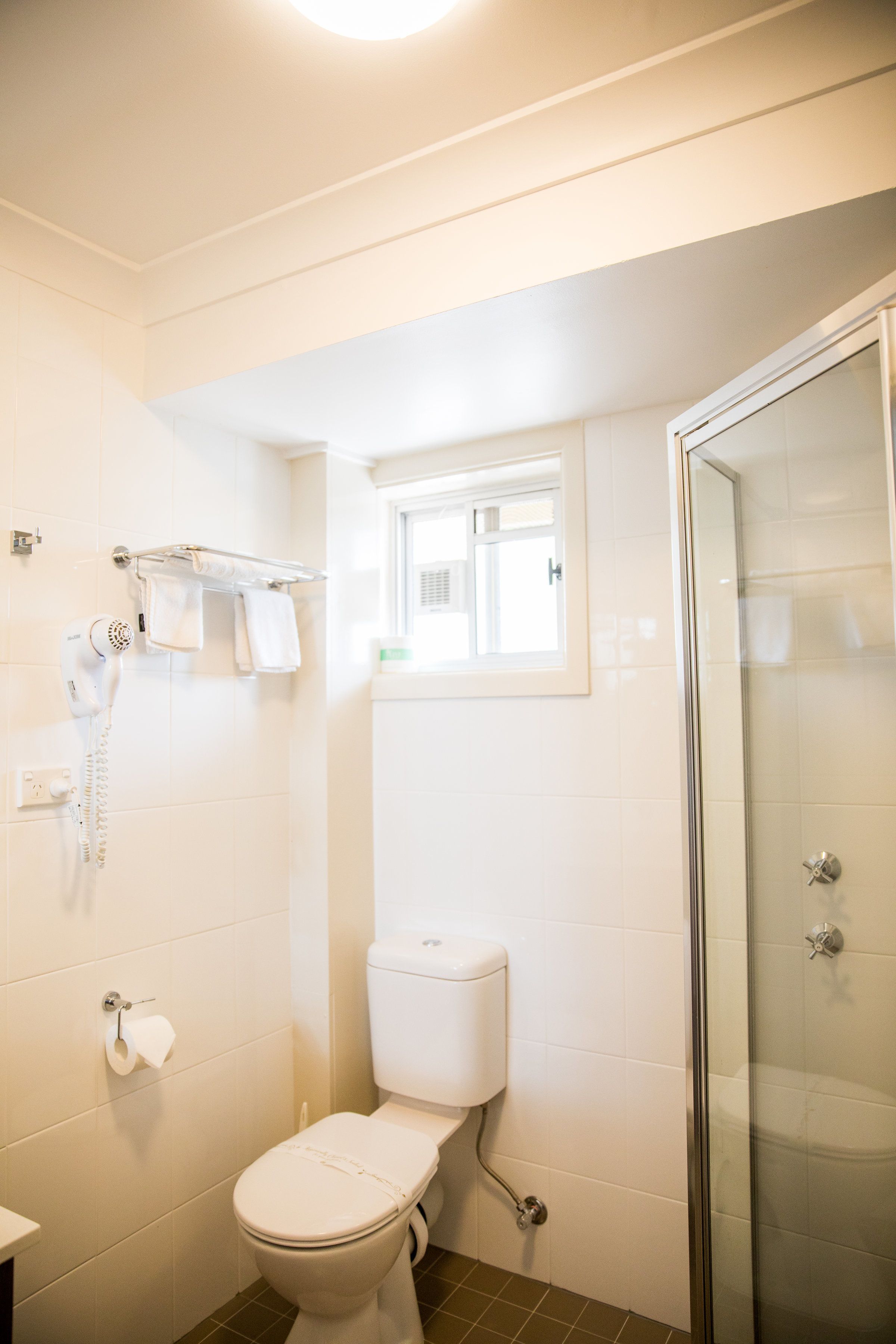 A bathroom with a toilet, a glass shower enclosure, a towel rack, and a window.