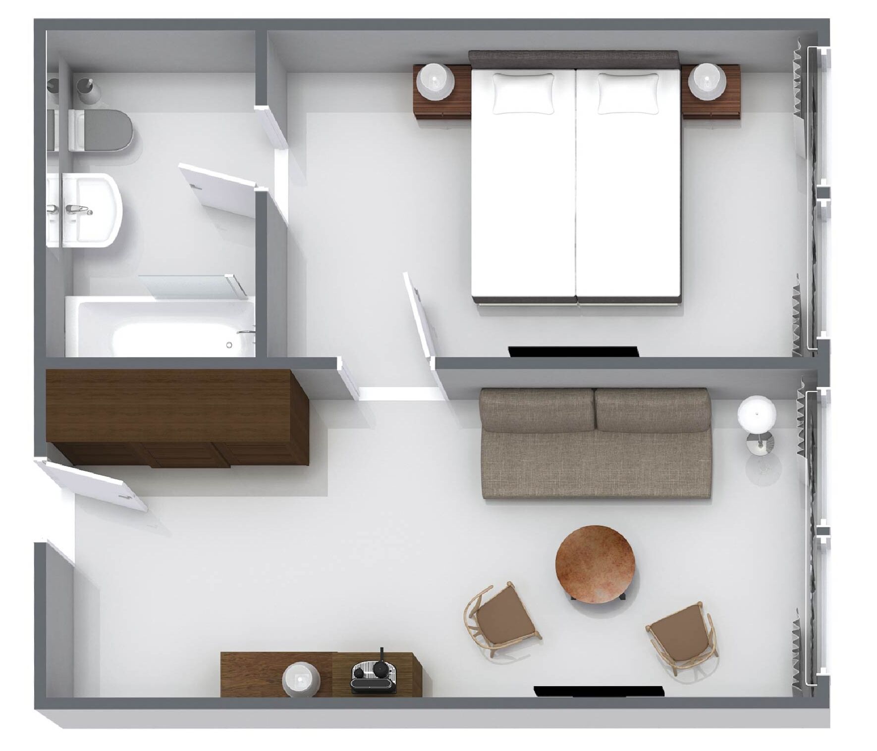 A 2-bedroom apartment layout with a bathroom, kitchenette, living area, and a dining space.