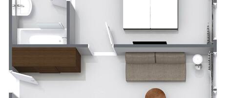 Distribución de un apartamento de dos habitaciones con baño, kitchenette, sala de estar y comedor.