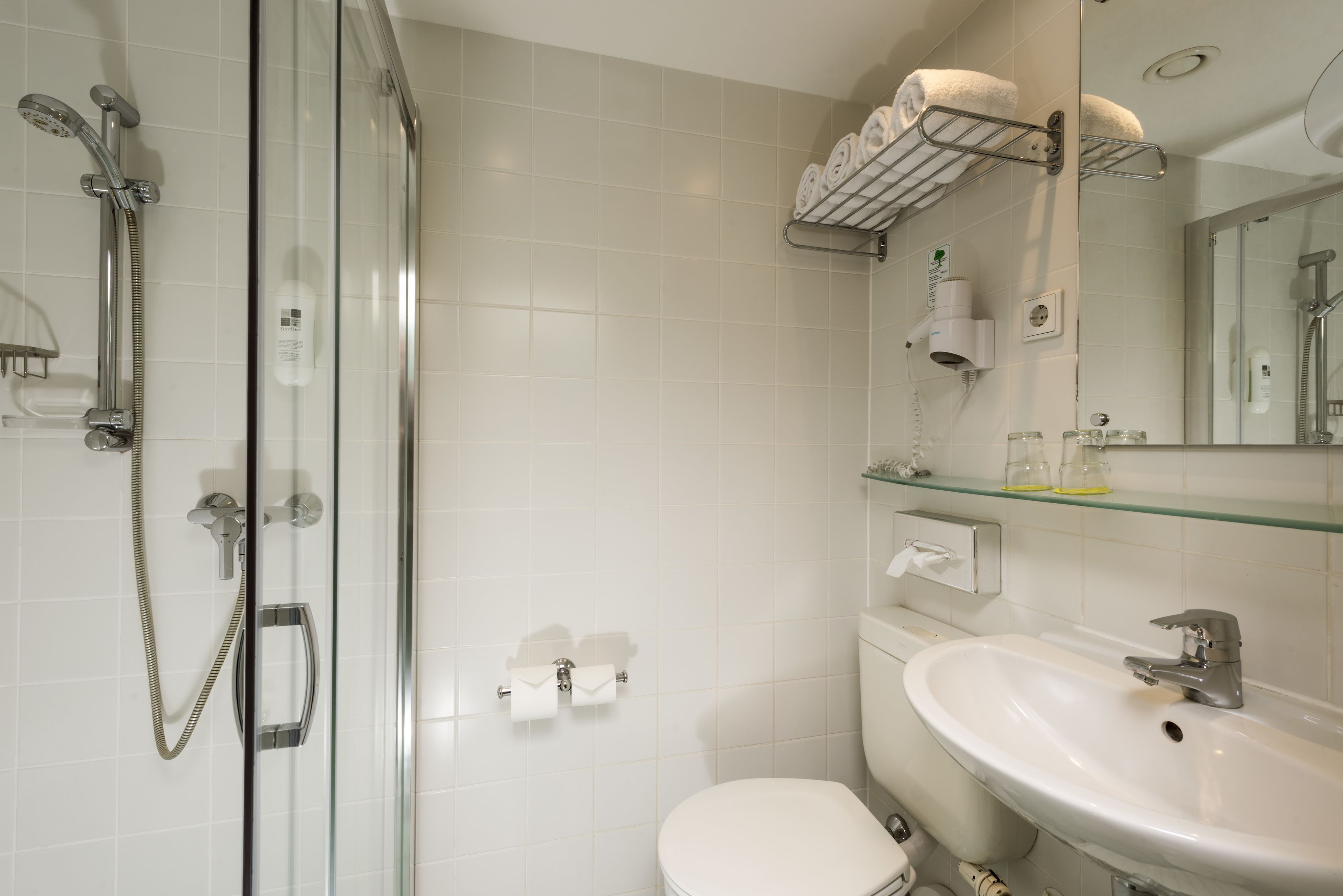 A modern bathroom with a glass shower enclosure, a white sink, and a toilet.