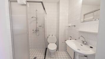 Et moderne badeværelse med bruser, toilet og håndvask.