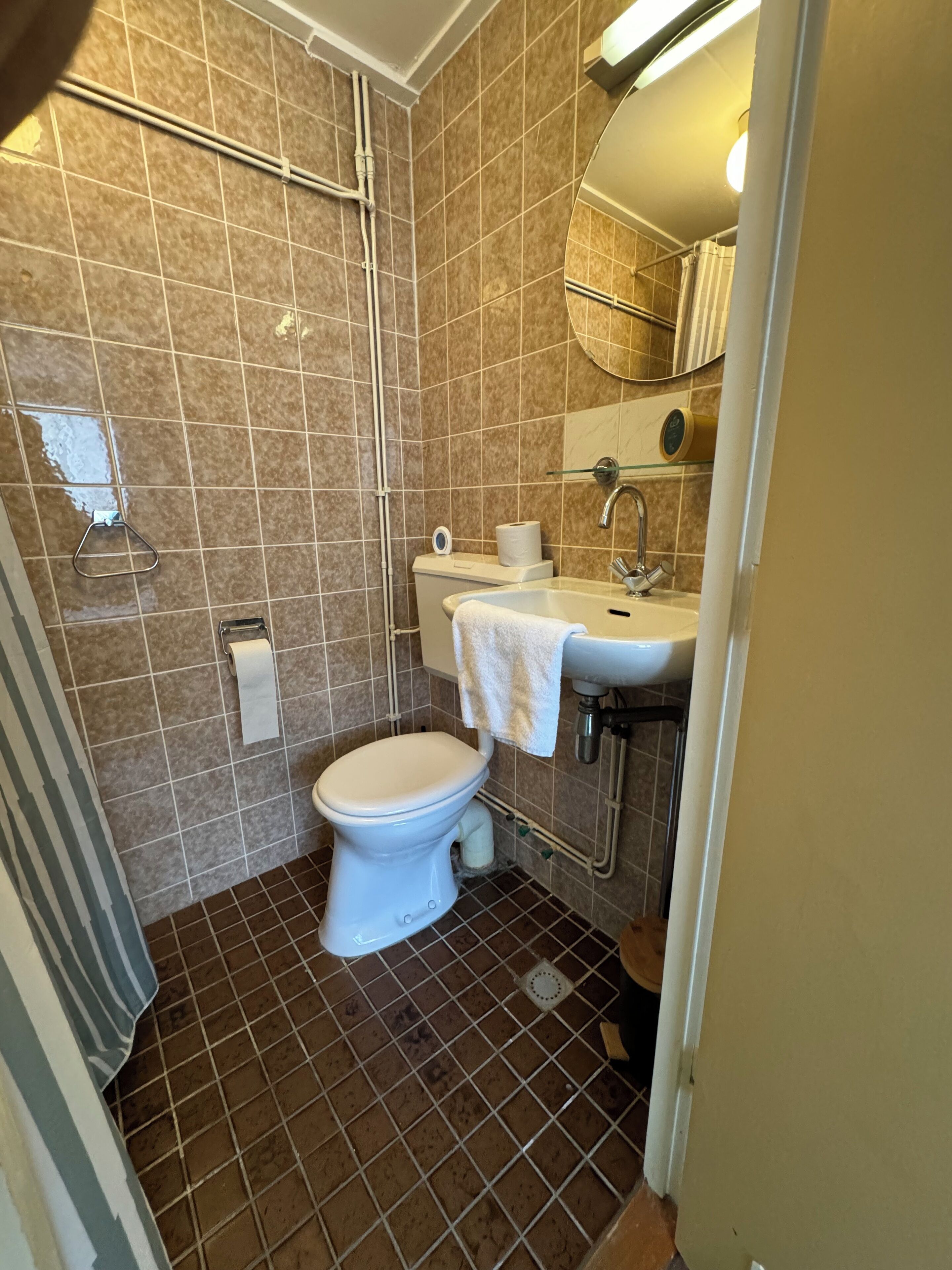 A bathroom with a toilet, sink, and shower.