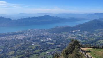 A panoramic view of a mountainous landscape with a lake and a town below.