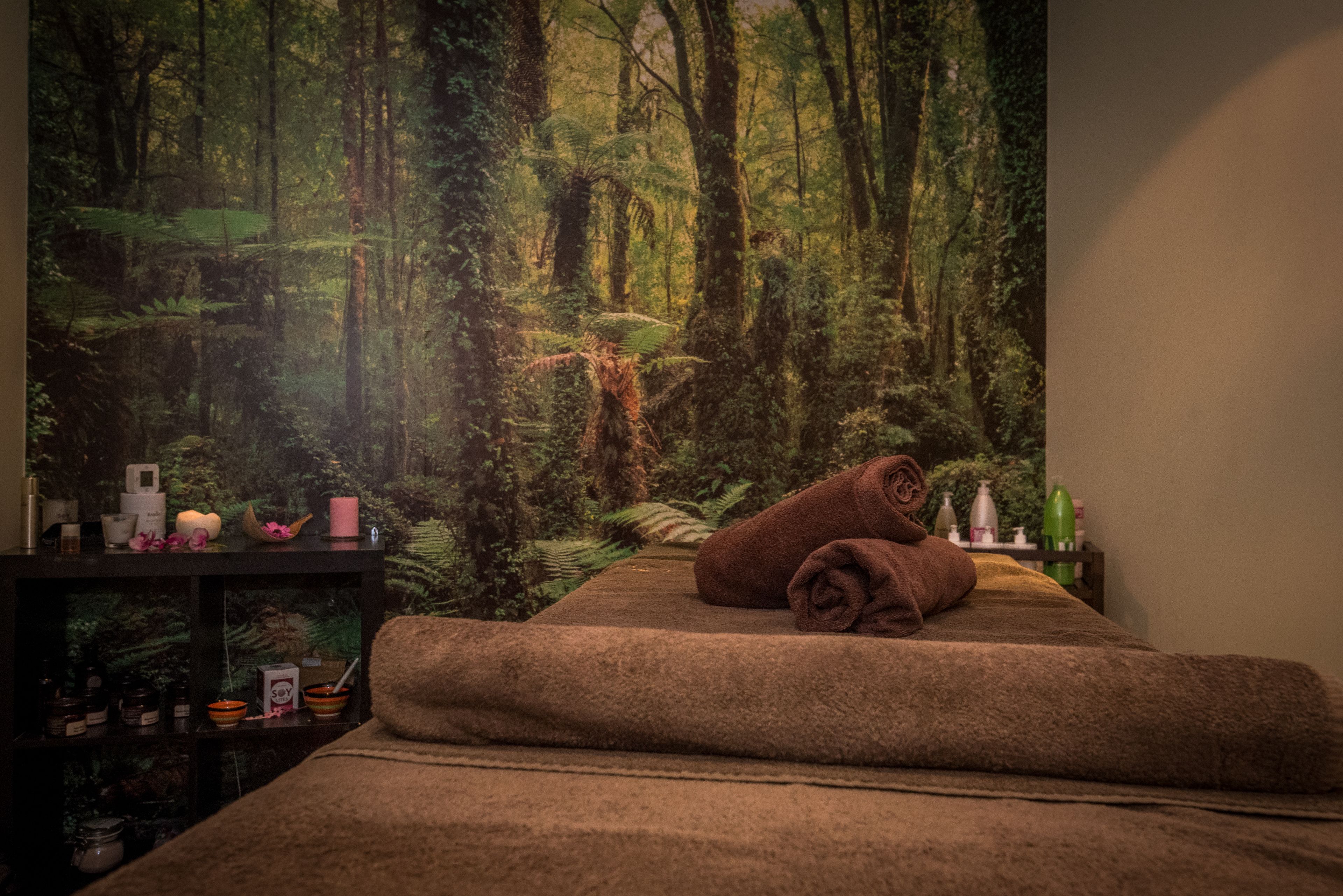 A room with a bed, a shelf with various items, and a forest-themed wall mural.