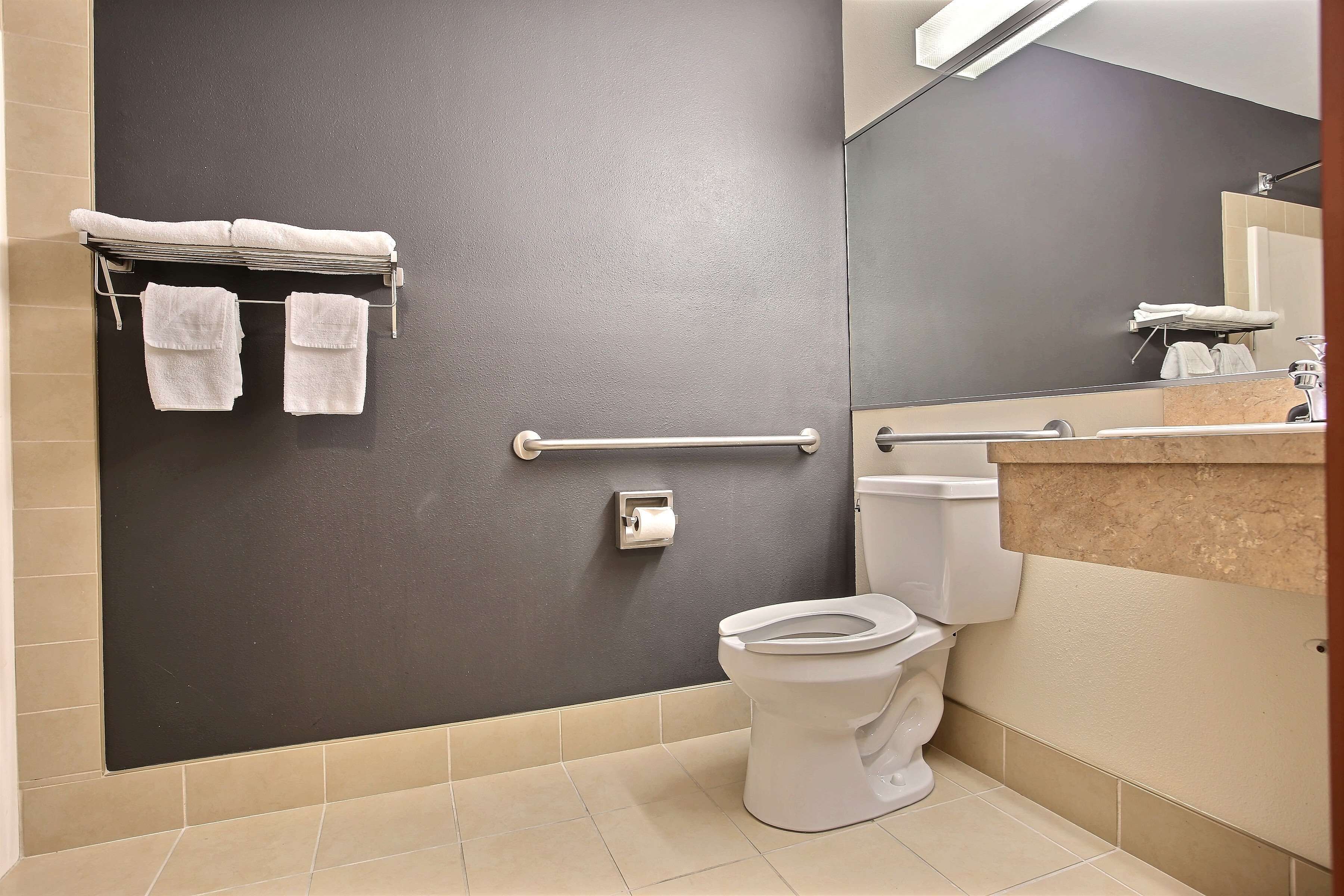 A bathroom with a toilet, a towel rack with towels, a handrail, and a mirror.
