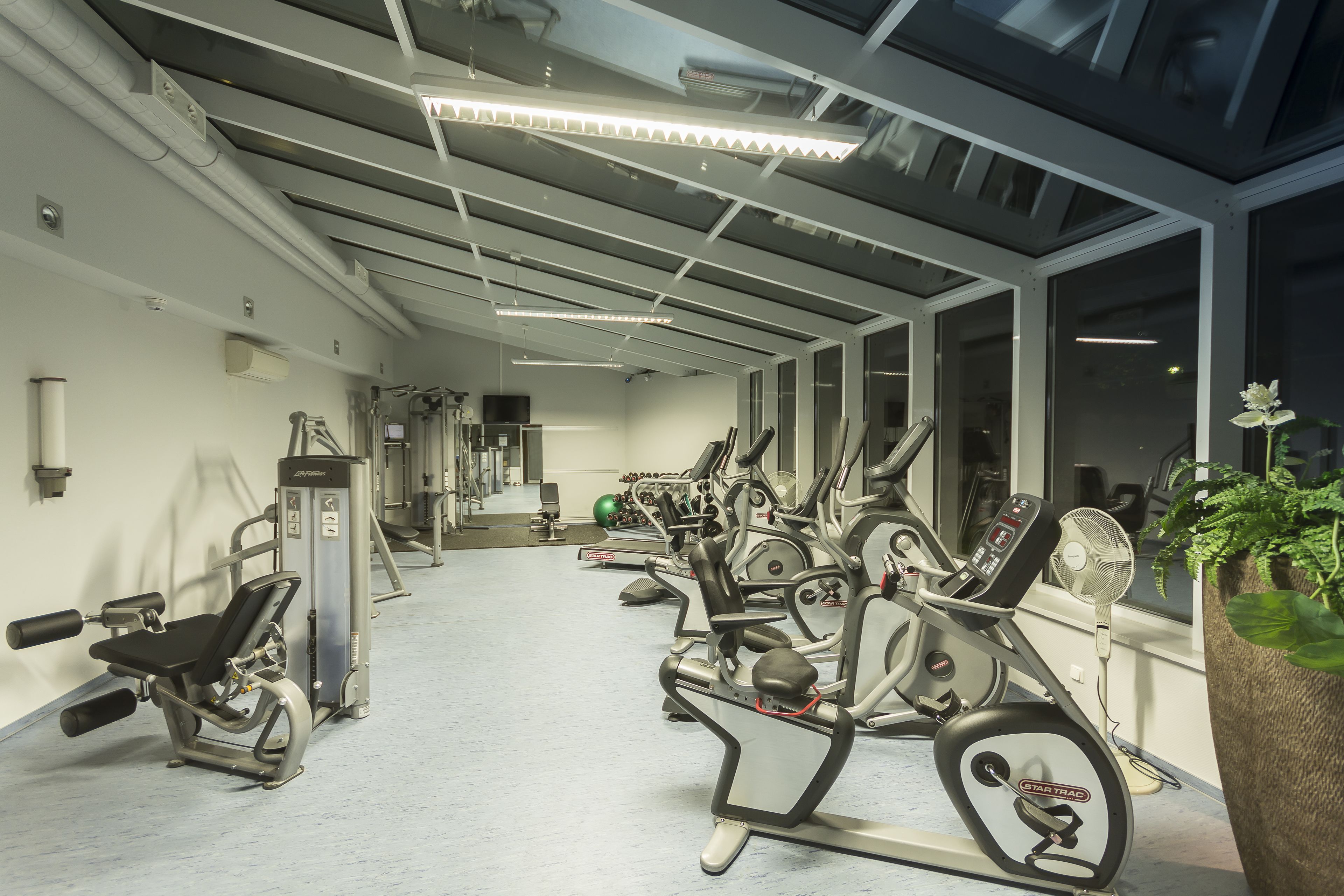 A gym with various exercise machines, a large window, and a ceiling with skylights.