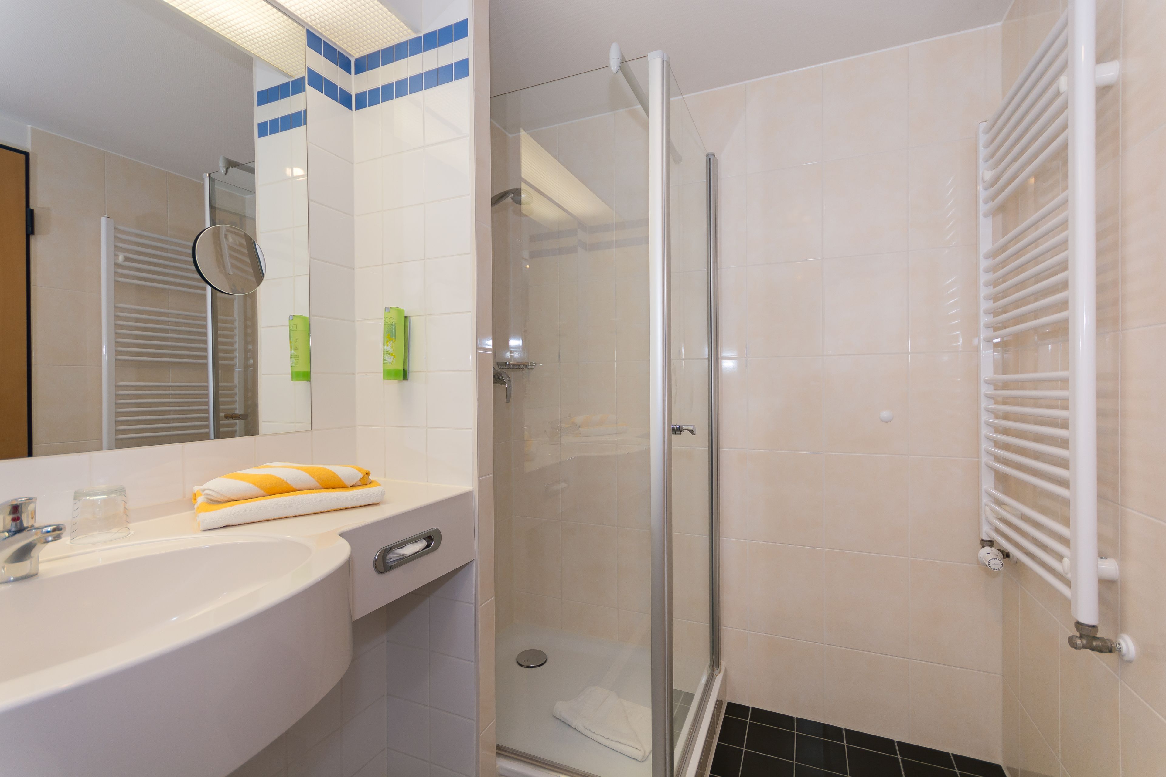 Une salle de bain avec une douche à parois de verre, un lavabo avec un miroir et un porte-serviettes.
