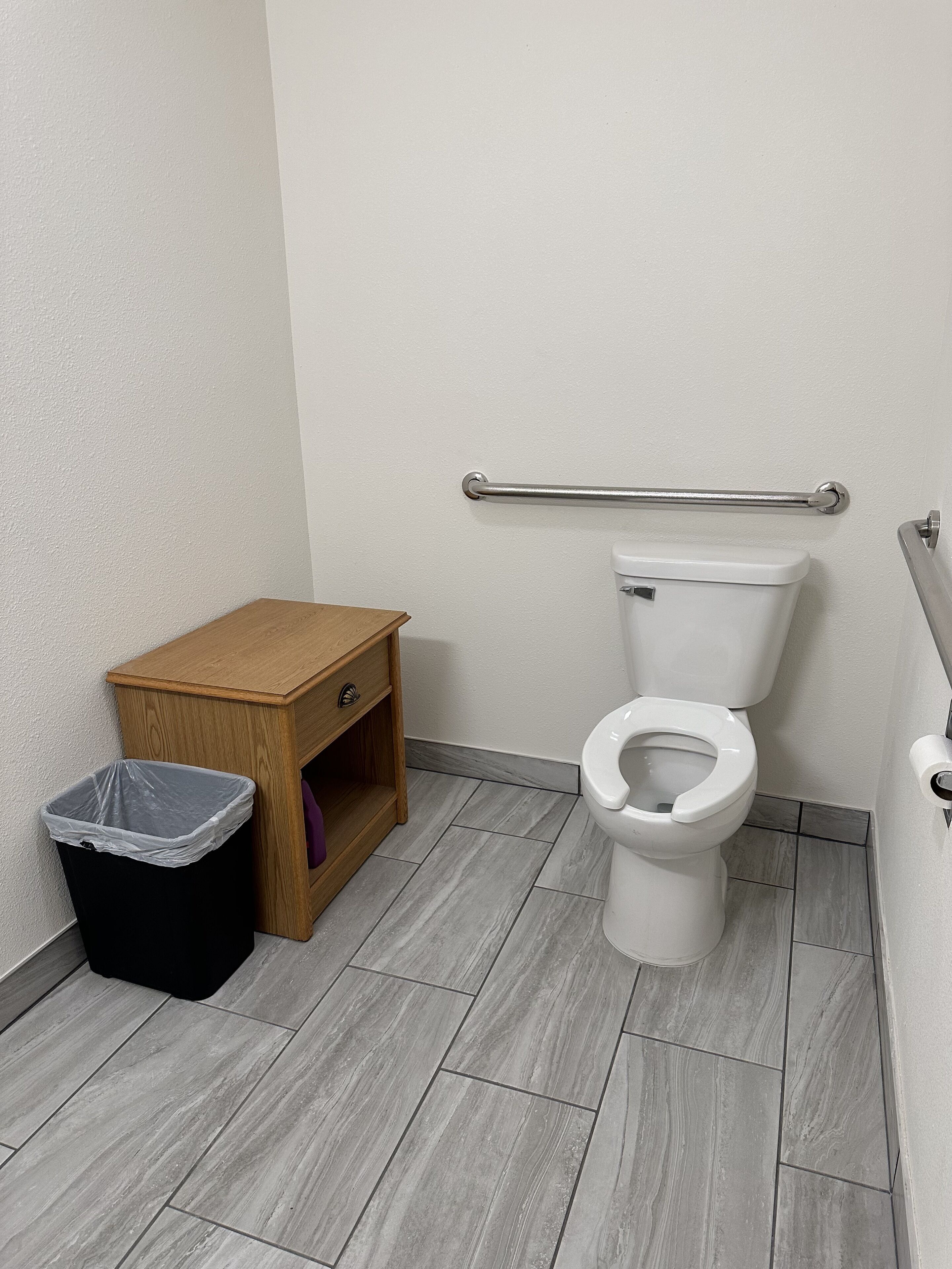 A small bathroom with a toilet, a wooden cabinet, a trash bin, and a grab bar.