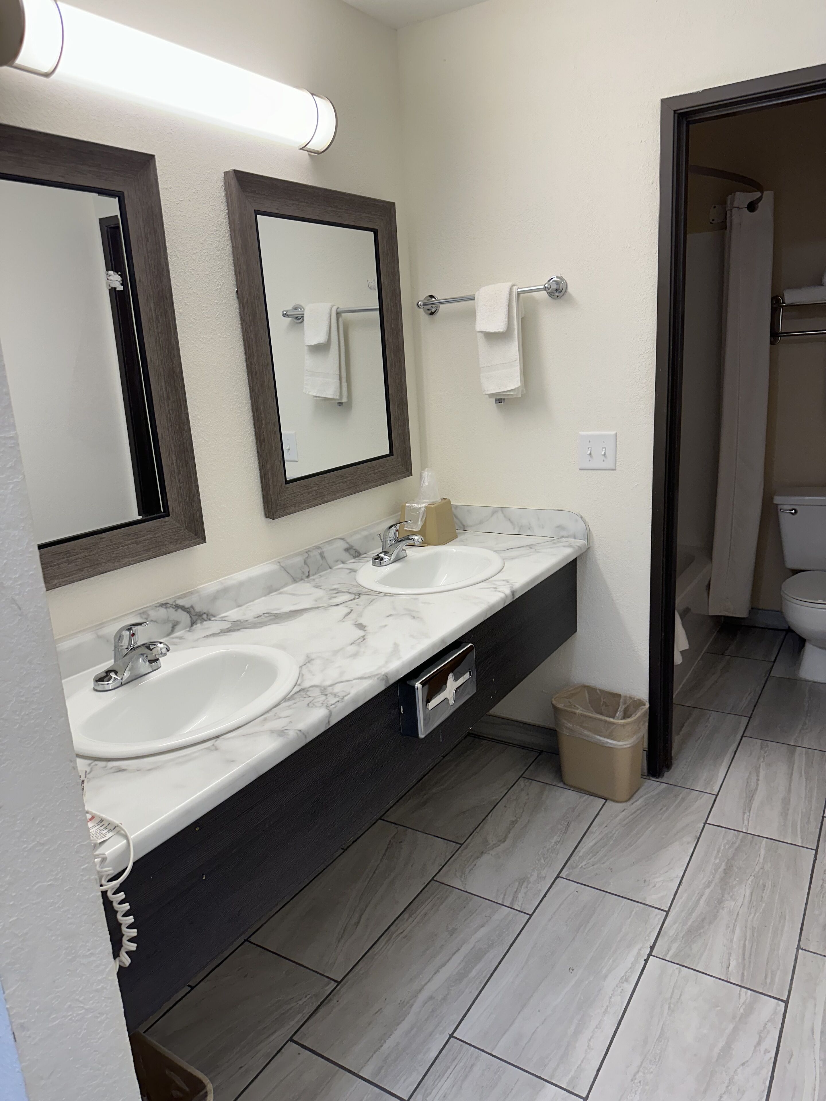 A bathroom with two sinks, a mirror, and a towel rack.