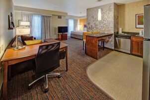 Desk, laptop workspace, blackout curtains, iron/ironing board