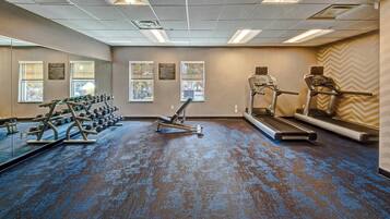 A gym with treadmills, dumbbells, and weight machines.