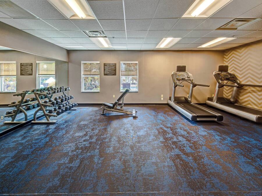 A gym with treadmills, dumbbells, and weight machines.