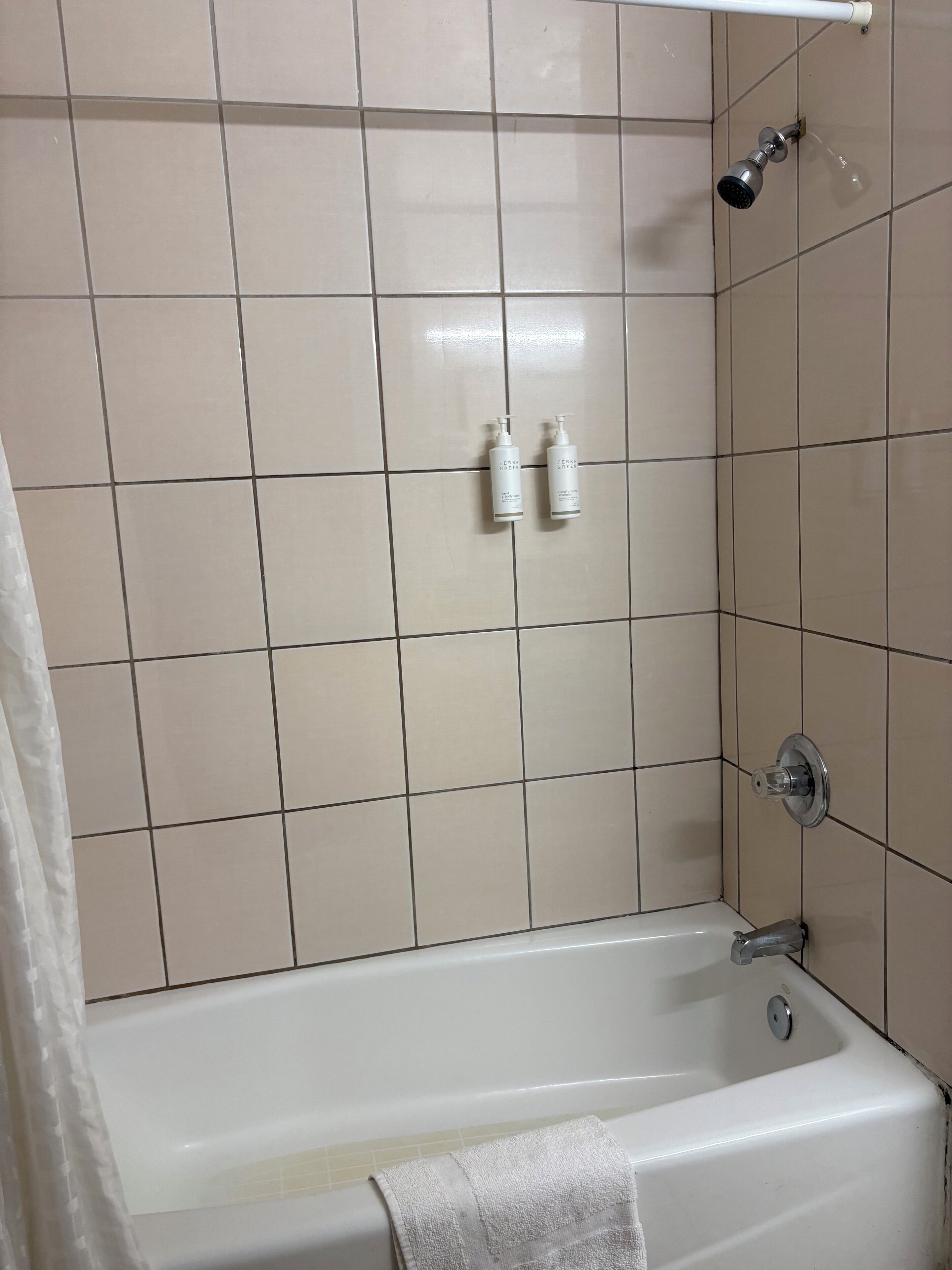 Une salle de bain avec une baignoire, une douche et deux bouteilles de shampoing.
