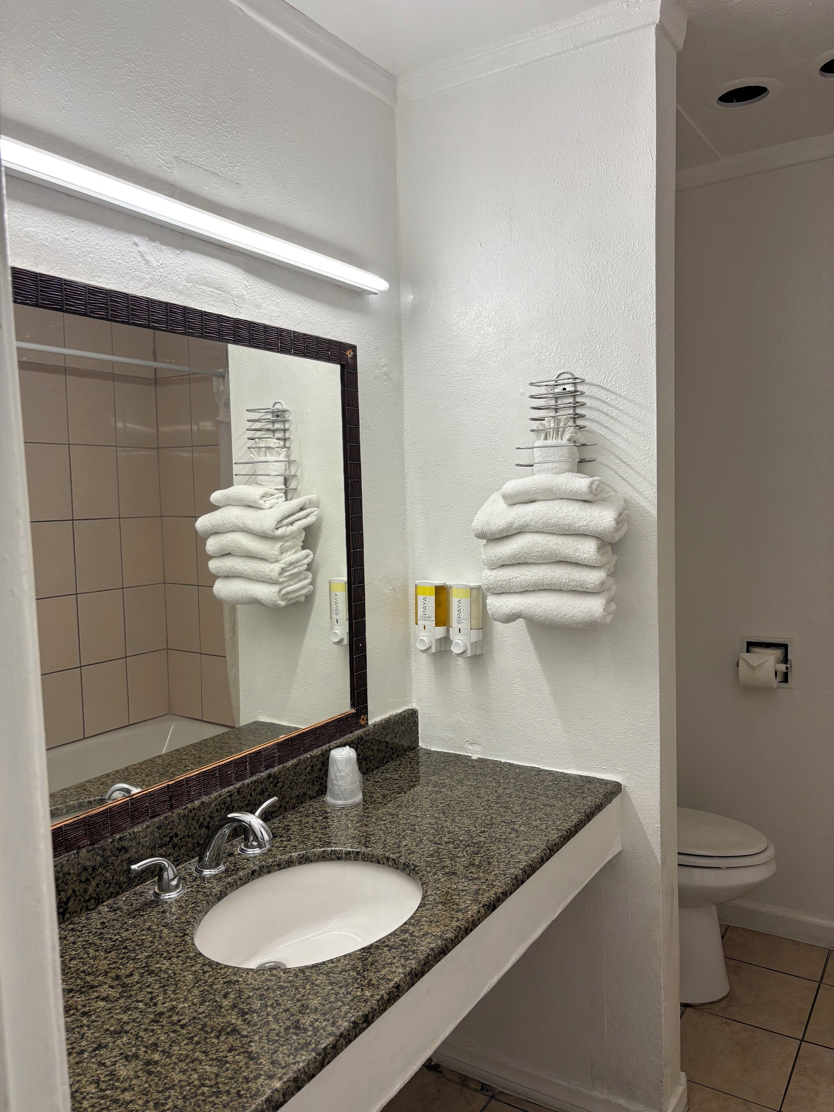 Un baño con lavamanos de encimera de granito, un espejo, toallero y un inodoro.