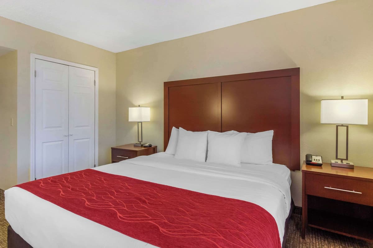 Una habitación de hotel con una cama grande, dos mesitas de noche con lámparas, un cabecero de madera y una puerta blanca.