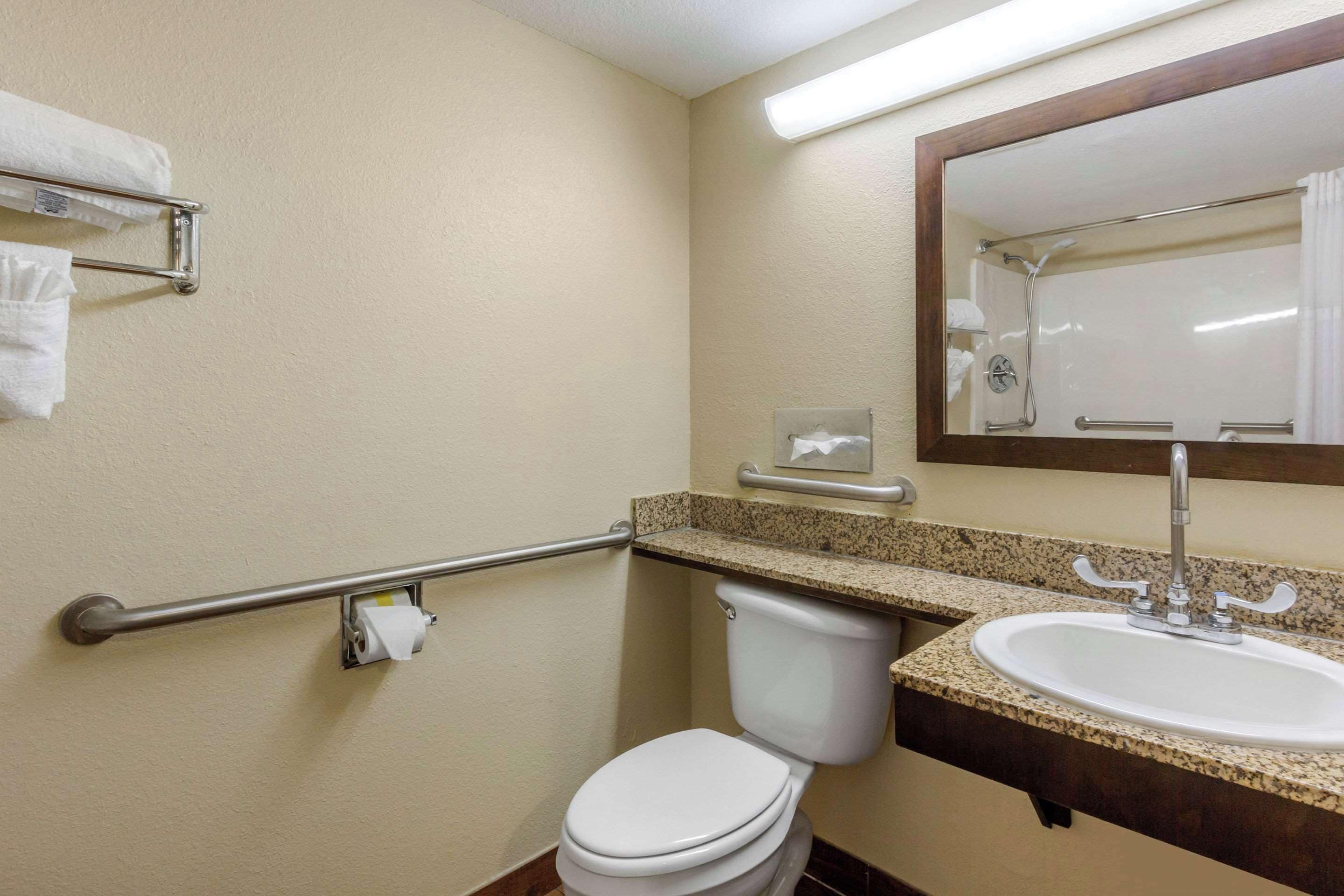 Un baño con inodoro blanco, lavamanos con espejo y toallero en la pared.